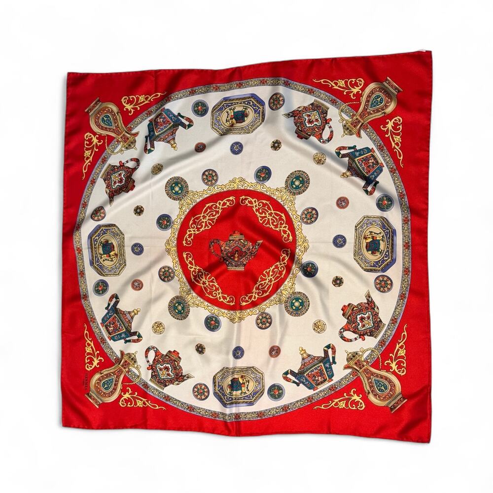Hermès Authentic “Théières”  Red Porcelain Print Large Silk Scarf